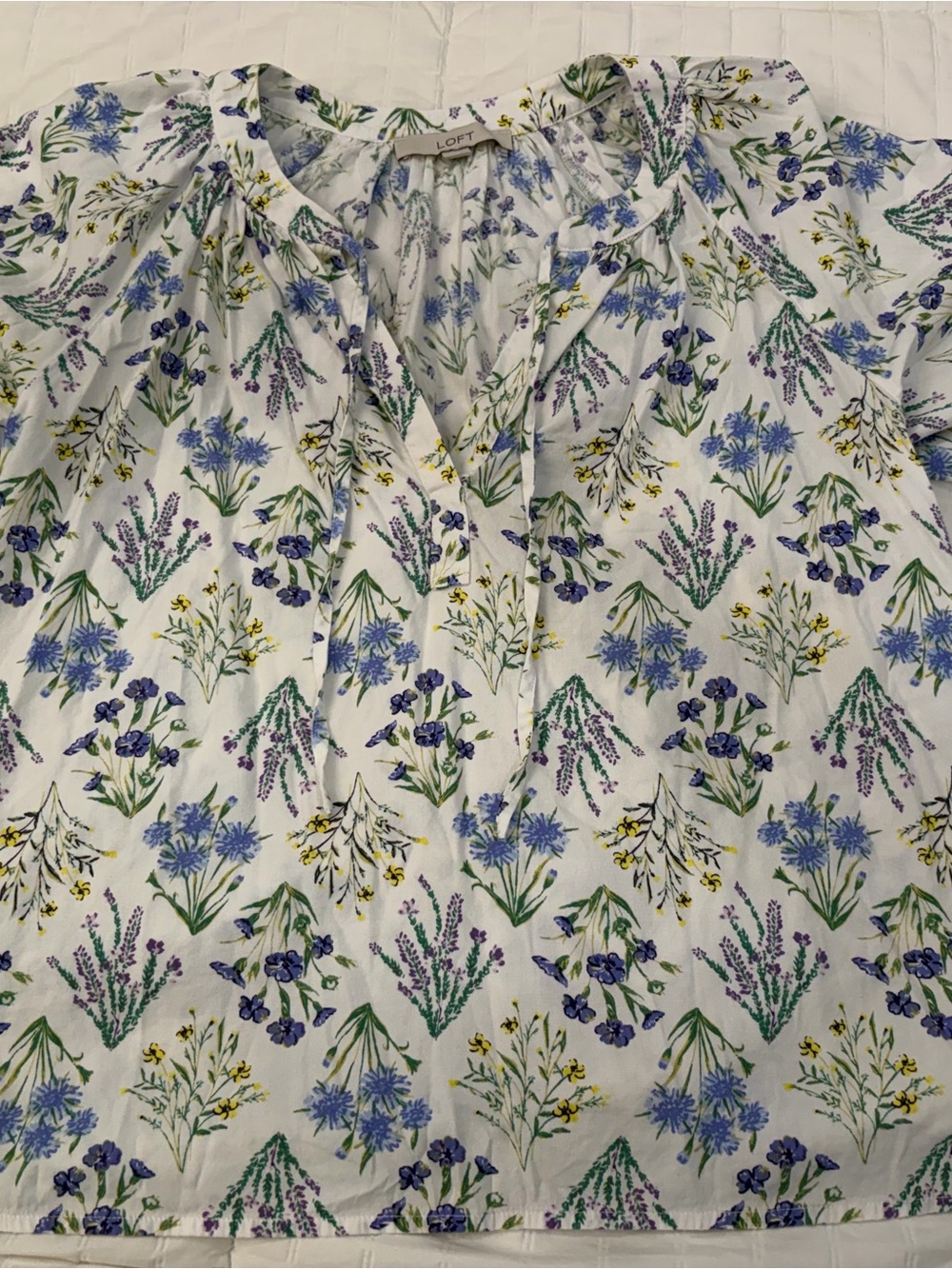 LOFT White Floral Peasant Blouse with Blue, Green & Yellow Print